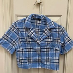 Brandy Melville Light Blue Plaid Button Down Shirt Crop Top One Size